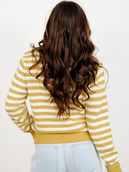 Stripe Long Sleeve Button Up Sweater with Lace Trim - Freckled Poppy