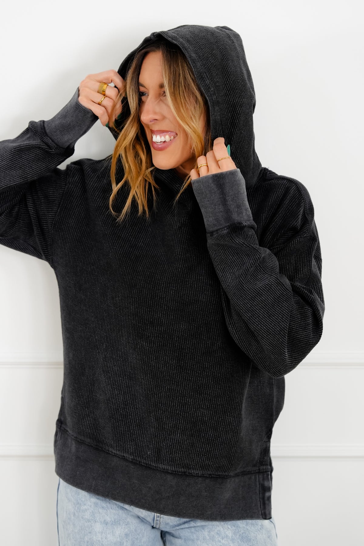 Plus/Reg Ribbed Long Sleeve Hooded Pullover Sweatshirt - Freckled Poppy