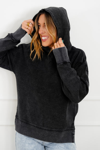Plus/Reg Ribbed Long Sleeve Hooded Pullover Sweatshirt - Freckled Poppy
