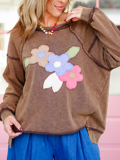 Long Sleeve Pullover Top with Floral Patch Detail
