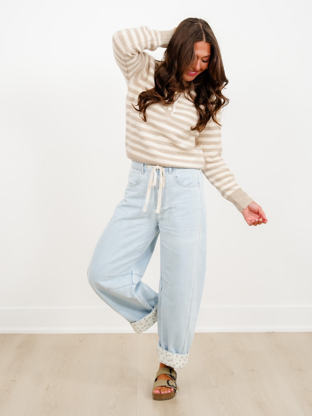 Stripe Long Sleeve Button Up Sweater with Lace Trim - Freckled Poppy