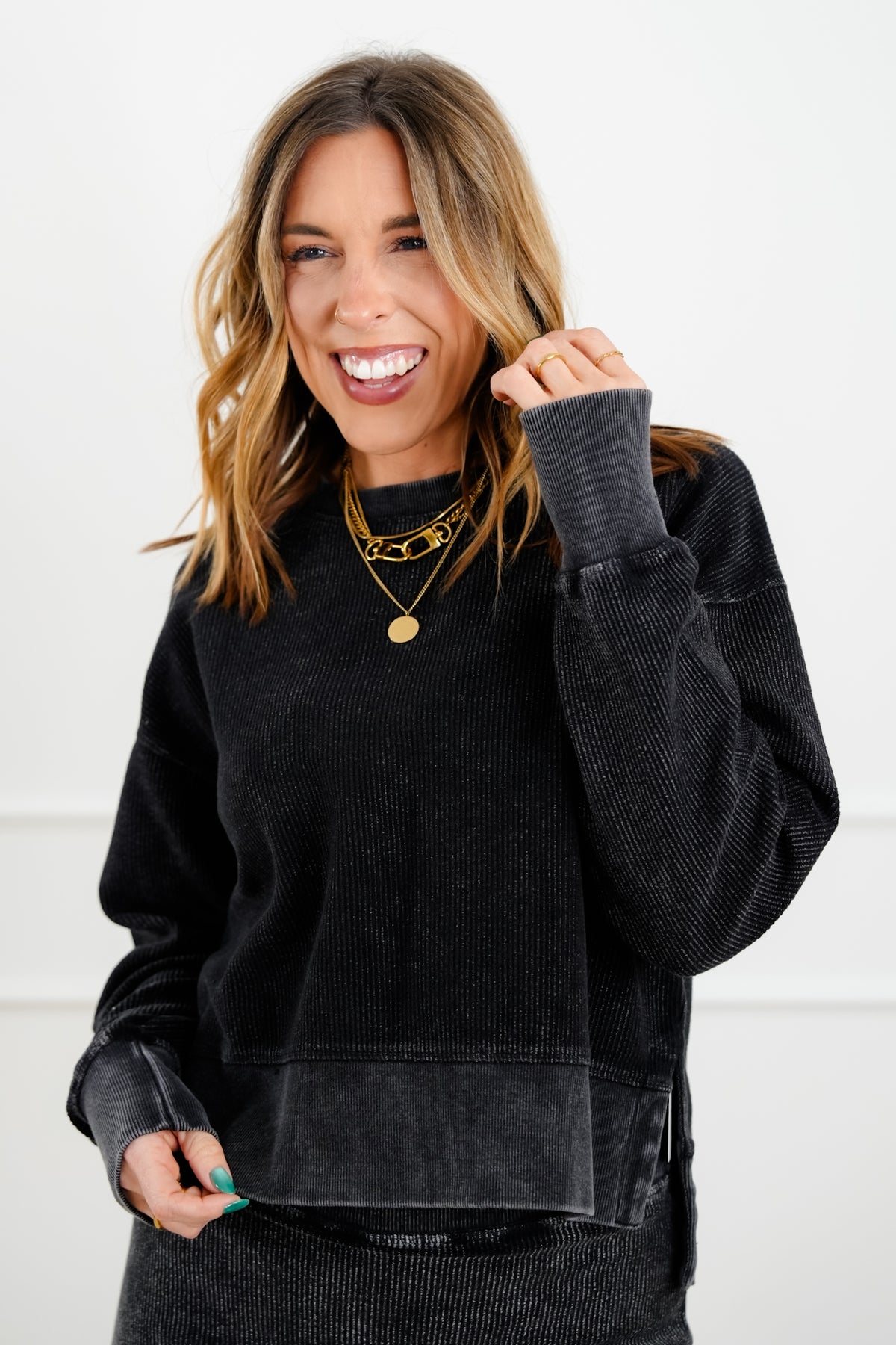 Plus/Reg Ribbed Long Sleeve Cropped Pullover Top - Freckled Poppy