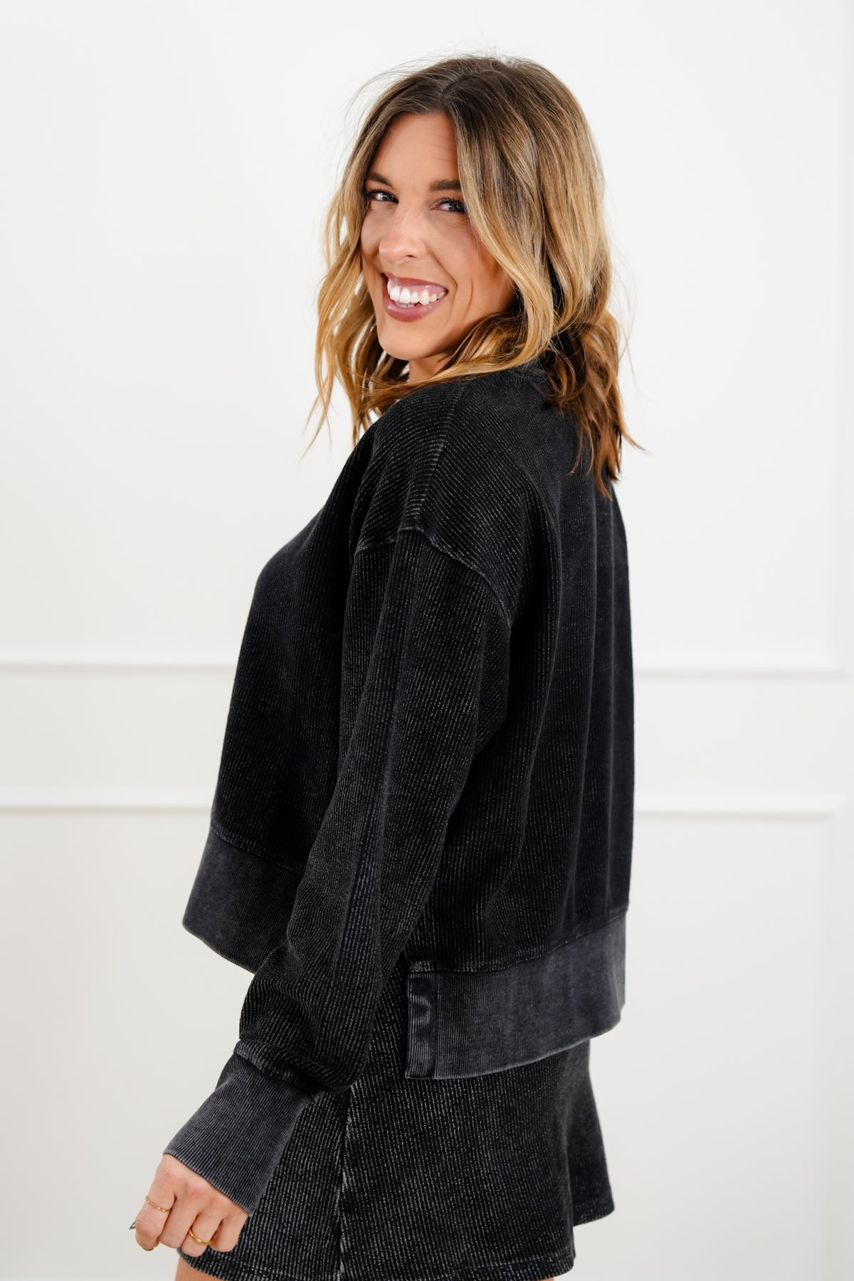 Plus/Reg Ribbed Long Sleeve Cropped Pullover Top - Freckled Poppy
