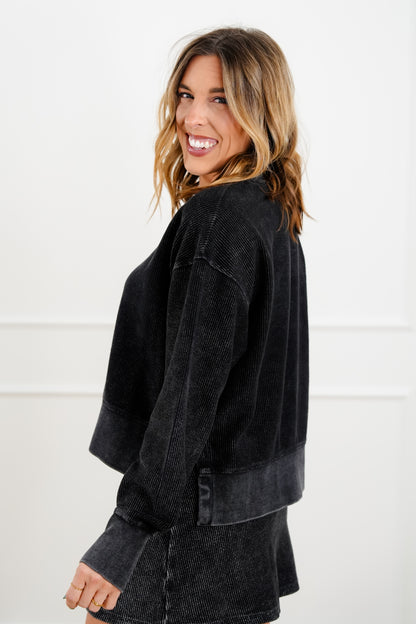 Plus/Reg Ribbed Long Sleeve Cropped Pullover Top - Freckled Poppy