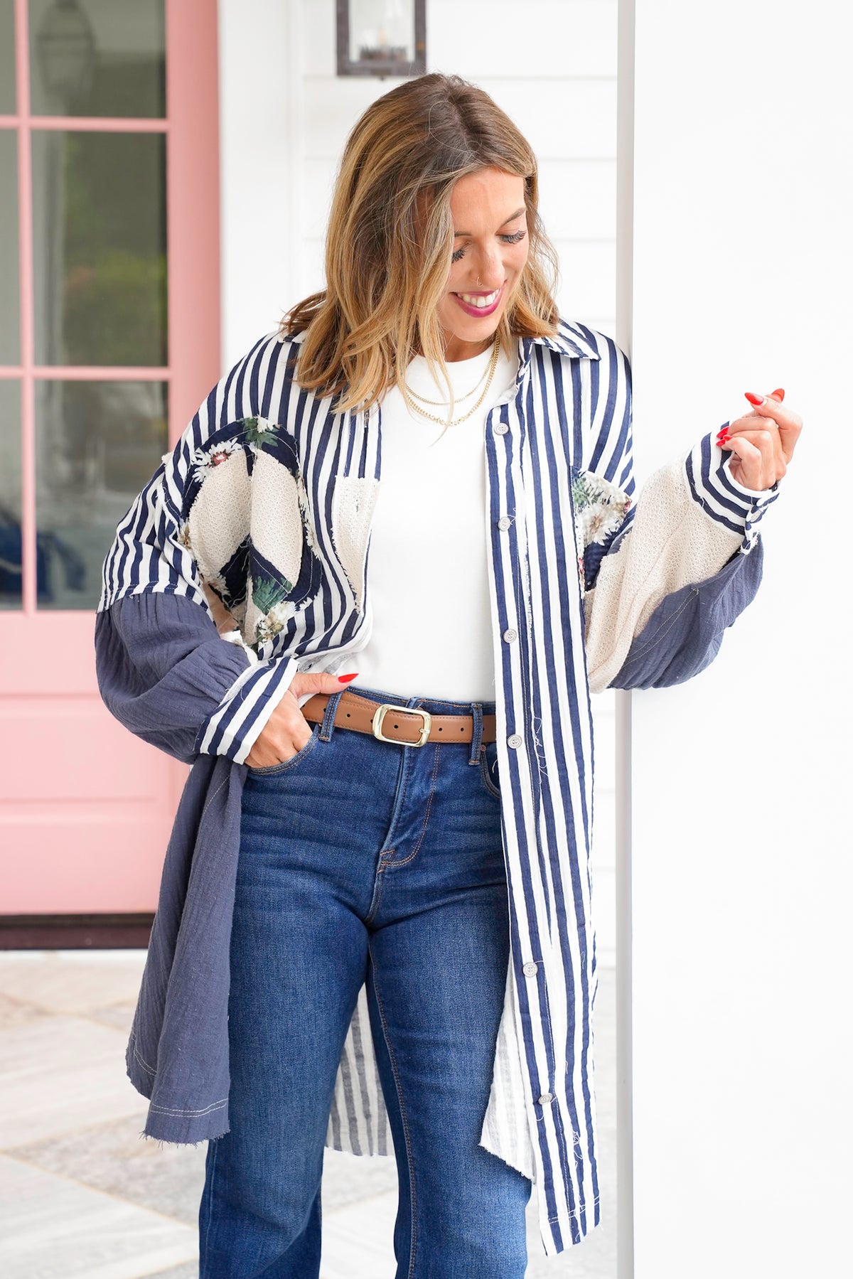 POL Stripe Long Sleeve Button Up Top with Peace Symbol - Freckled Poppy