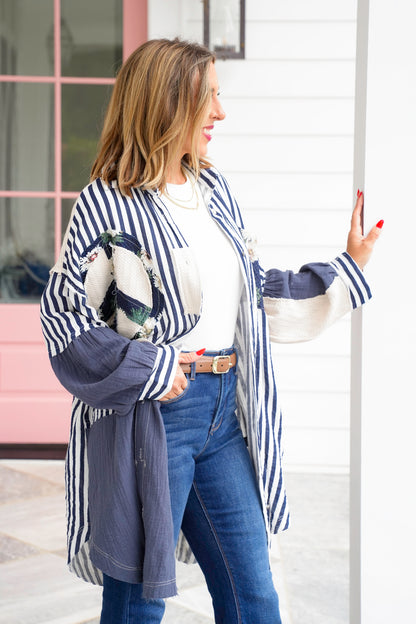 POL Stripe Long Sleeve Button Up Top with Peace Symbol - Freckled Poppy