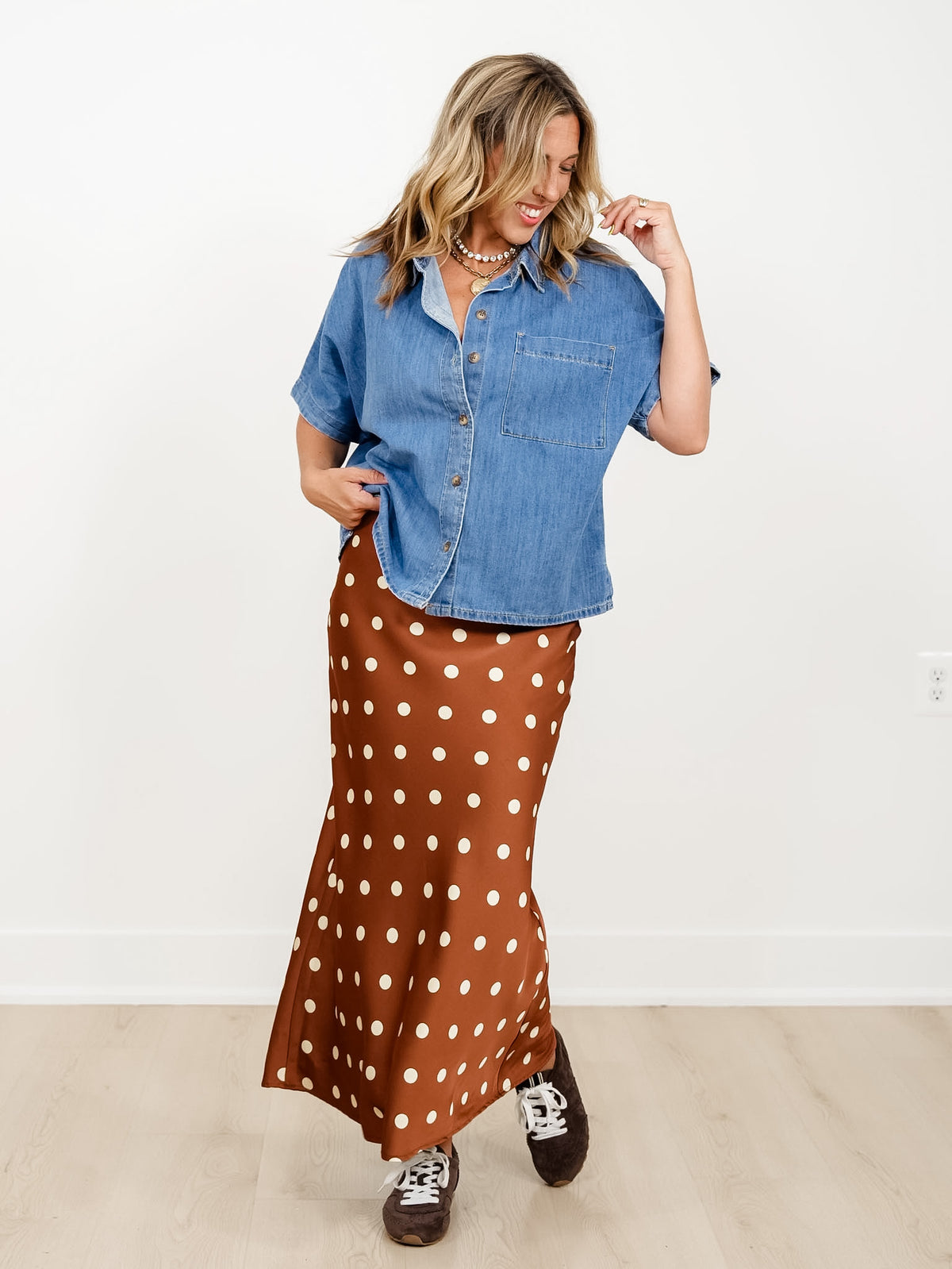 Medium Wash Short Sleeve Button Down Top - Freckled Poppy