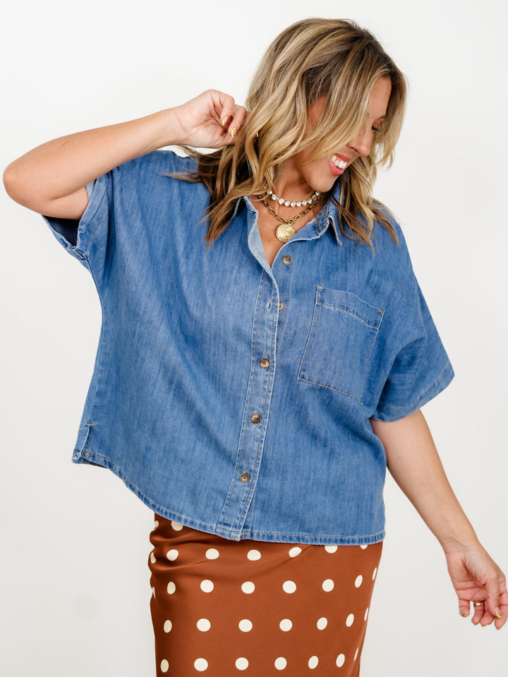 Medium Wash Short Sleeve Button Down Top - Freckled Poppy
