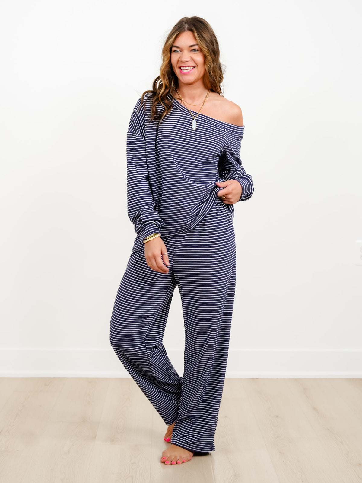Stripe Long Sleeve Off Shoulder Top and Pants Set - Freckled Poppy