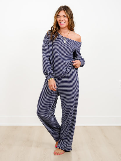 Stripe Long Sleeve Off Shoulder Top and Pants Set - Freckled Poppy