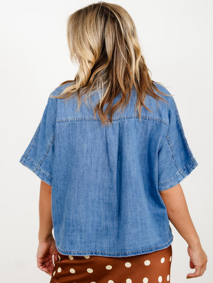 Medium Wash Short Sleeve Button Down Top - Freckled Poppy
