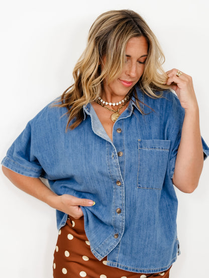 Medium Wash Short Sleeve Button Down Top - Freckled Poppy