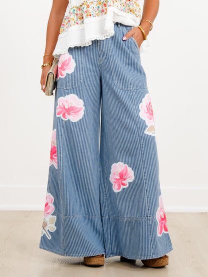 Plus/Reg Floral Stripe High Waist Wide Leg Pants - Freckled Poppy