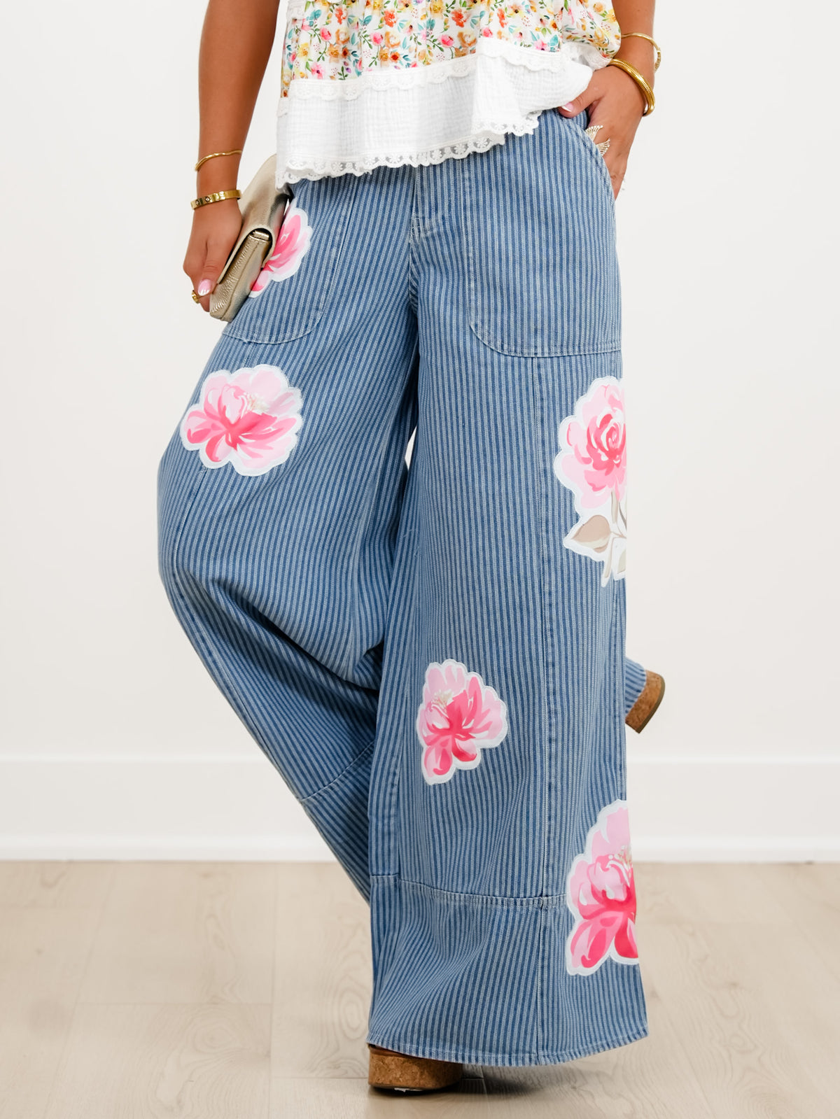Plus/Reg Floral Stripe High Waist Wide Leg Pants - Freckled Poppy