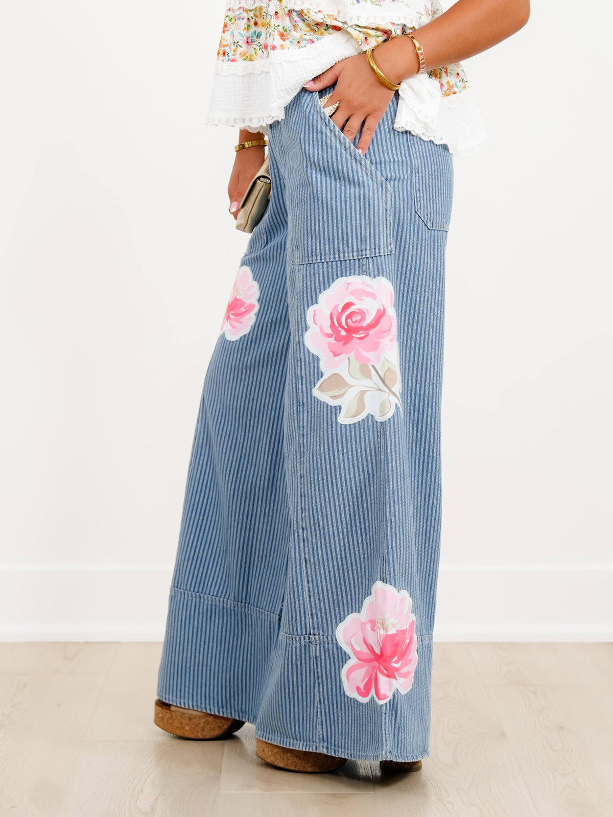 Plus/Reg Floral Stripe High Waist Wide Leg Pants - Freckled Poppy