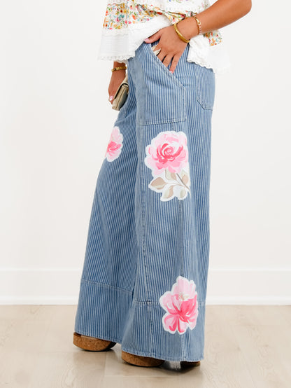 Plus/Reg Floral Stripe High Waist Wide Leg Pants - Freckled Poppy