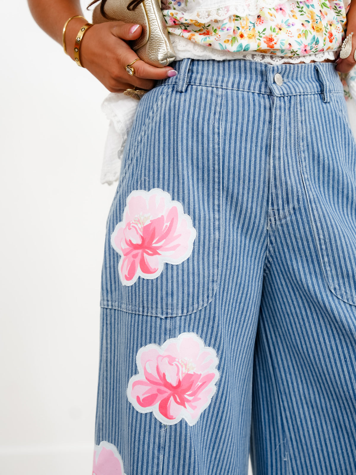 Plus/Reg Floral Stripe High Waist Wide Leg Pants - Freckled Poppy
