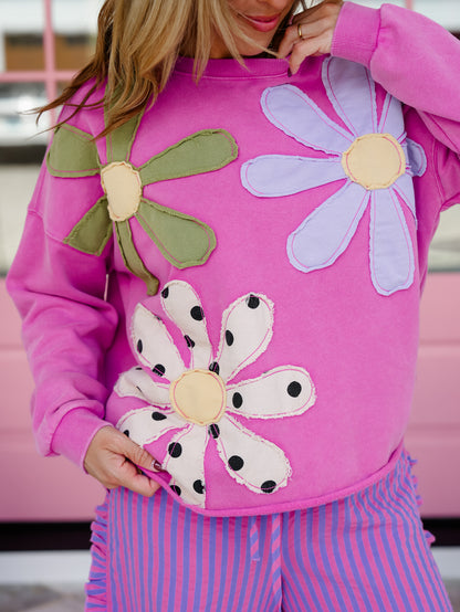 Plus/Reg Washed Floral Patch Long Sleeve Pullover Top - Freckled Poppy