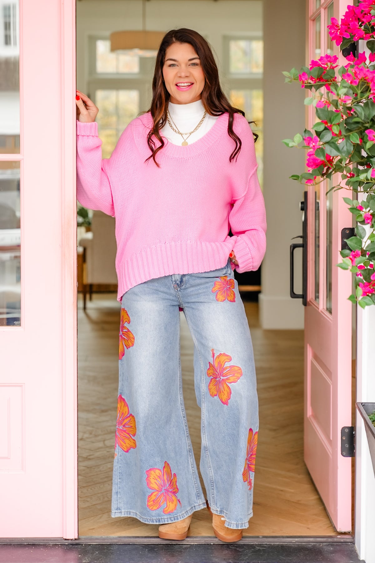 Long Sleeve Scoop Neck Drop Shoulder Sweater - Freckled Poppy