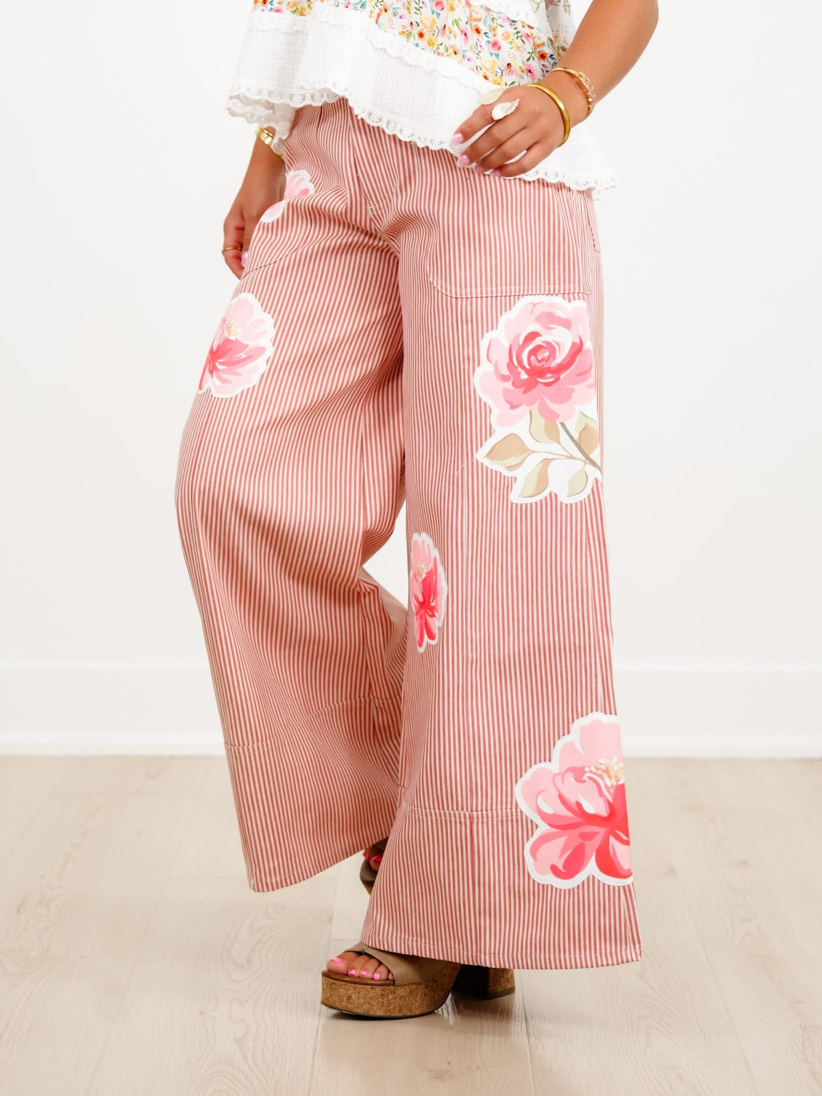 Plus/Reg Floral Stripe High Waist Wide Leg Pants - Freckled Poppy