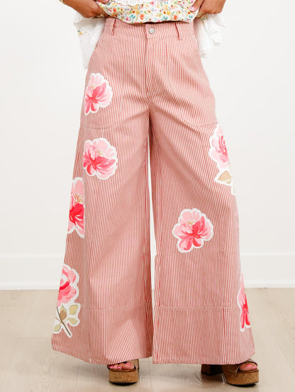 Plus/Reg Floral Stripe High Waist Wide Leg Pants - Freckled Poppy