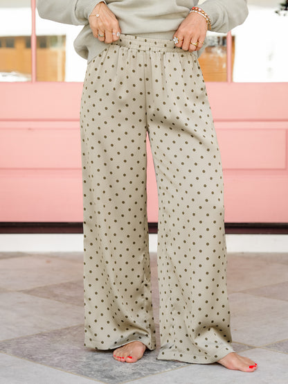 Polka Dot Satin Elastic Waist Wide Leg Pants