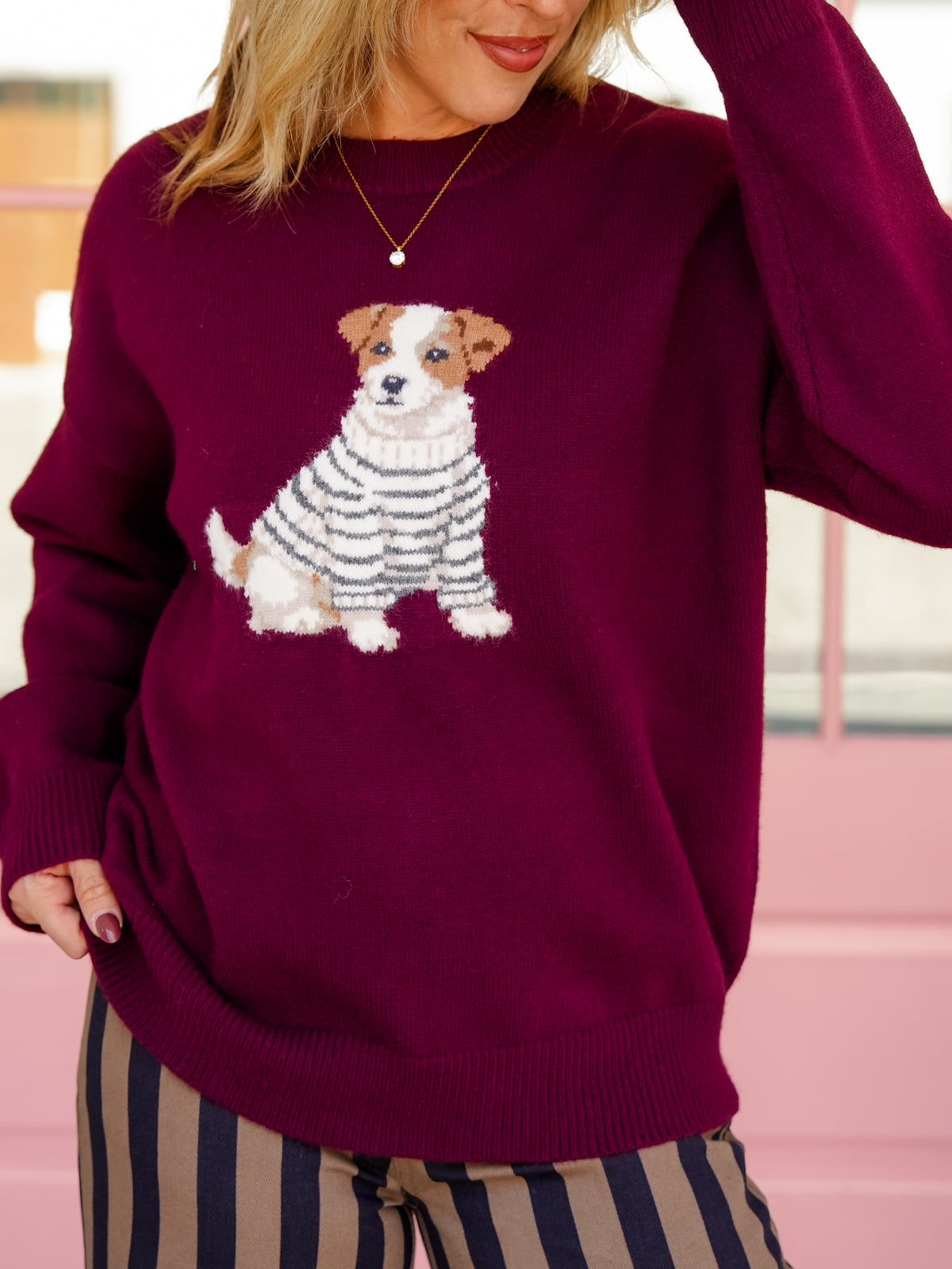 Burgundy Long Sleeve Jack Russell Pullover Sweater