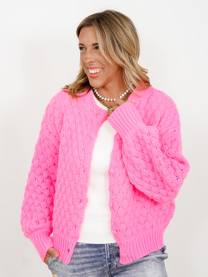 Textured Long Sleeve Button Down Cardigan - Freckled Poppy