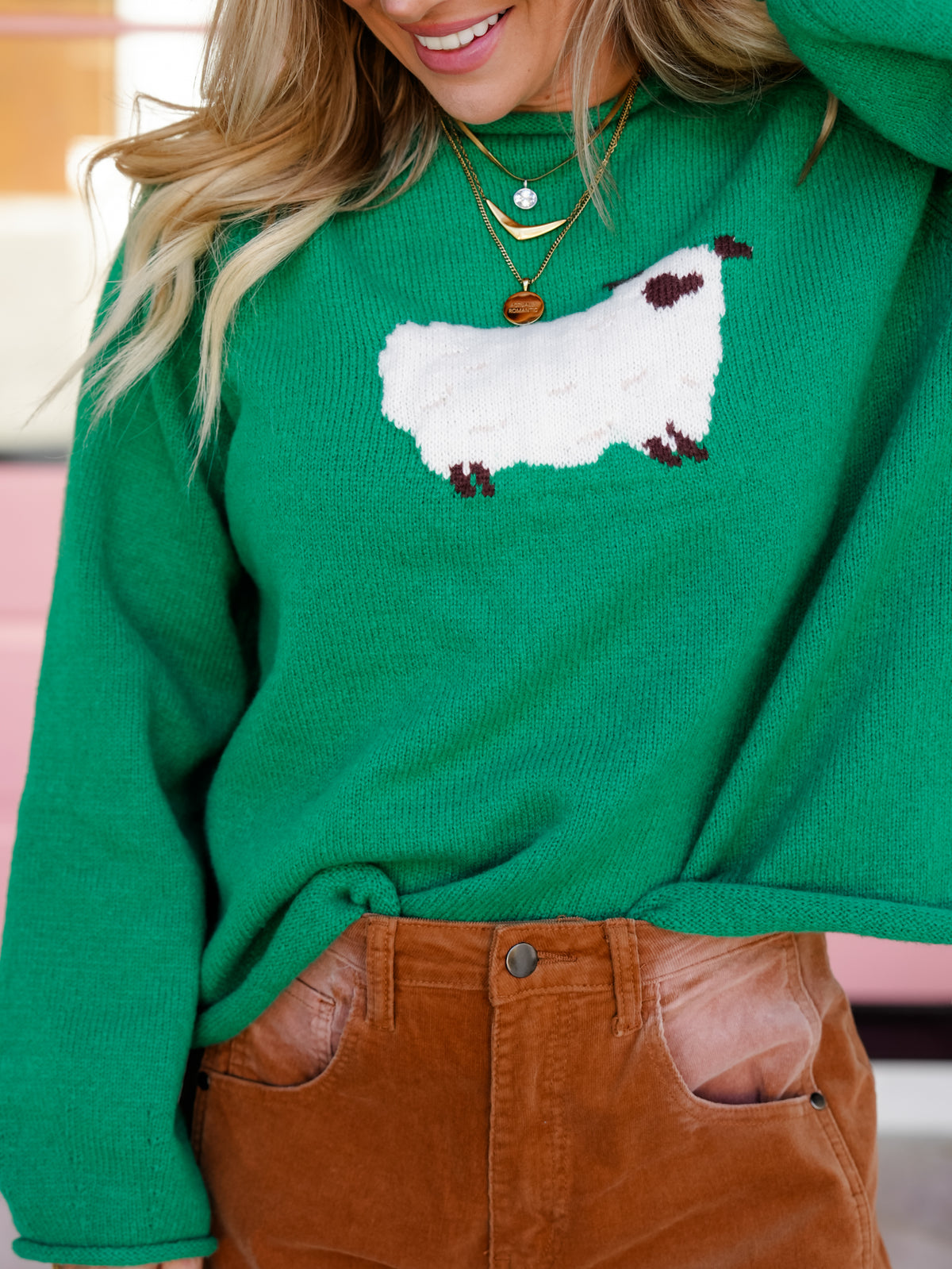 Balloon Sleeve Rolled Hem Sheep Sweater