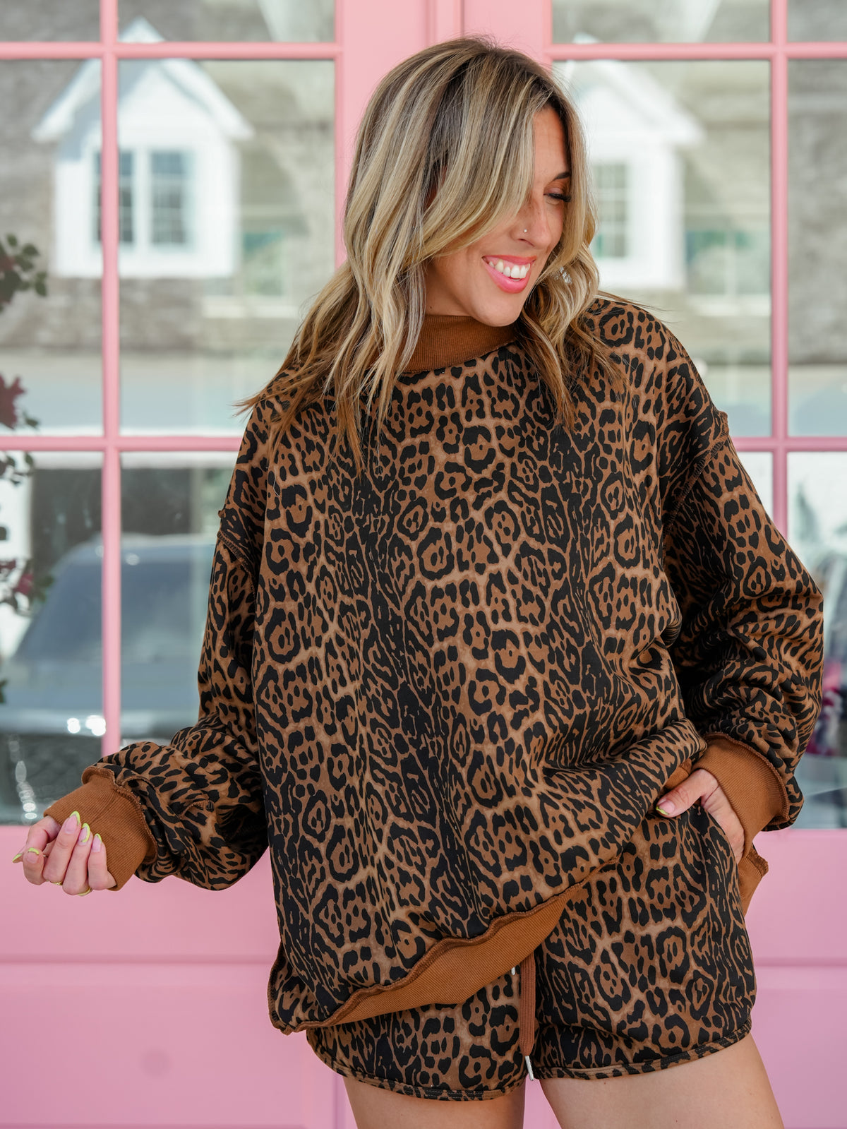 Cheetah Print Long Sleeve Sweatshirt and Elastic Waist Shorts Set - Freckled Poppy