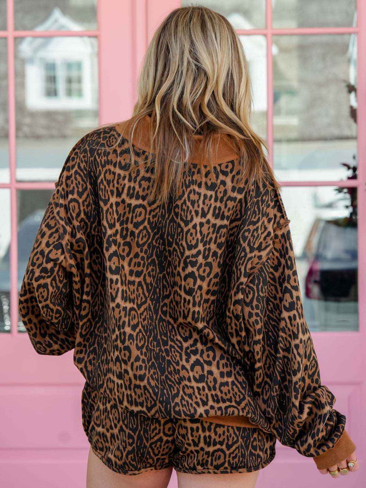 Cheetah Print Long Sleeve Sweatshirt and Elastic Waist Shorts Set - Freckled Poppy