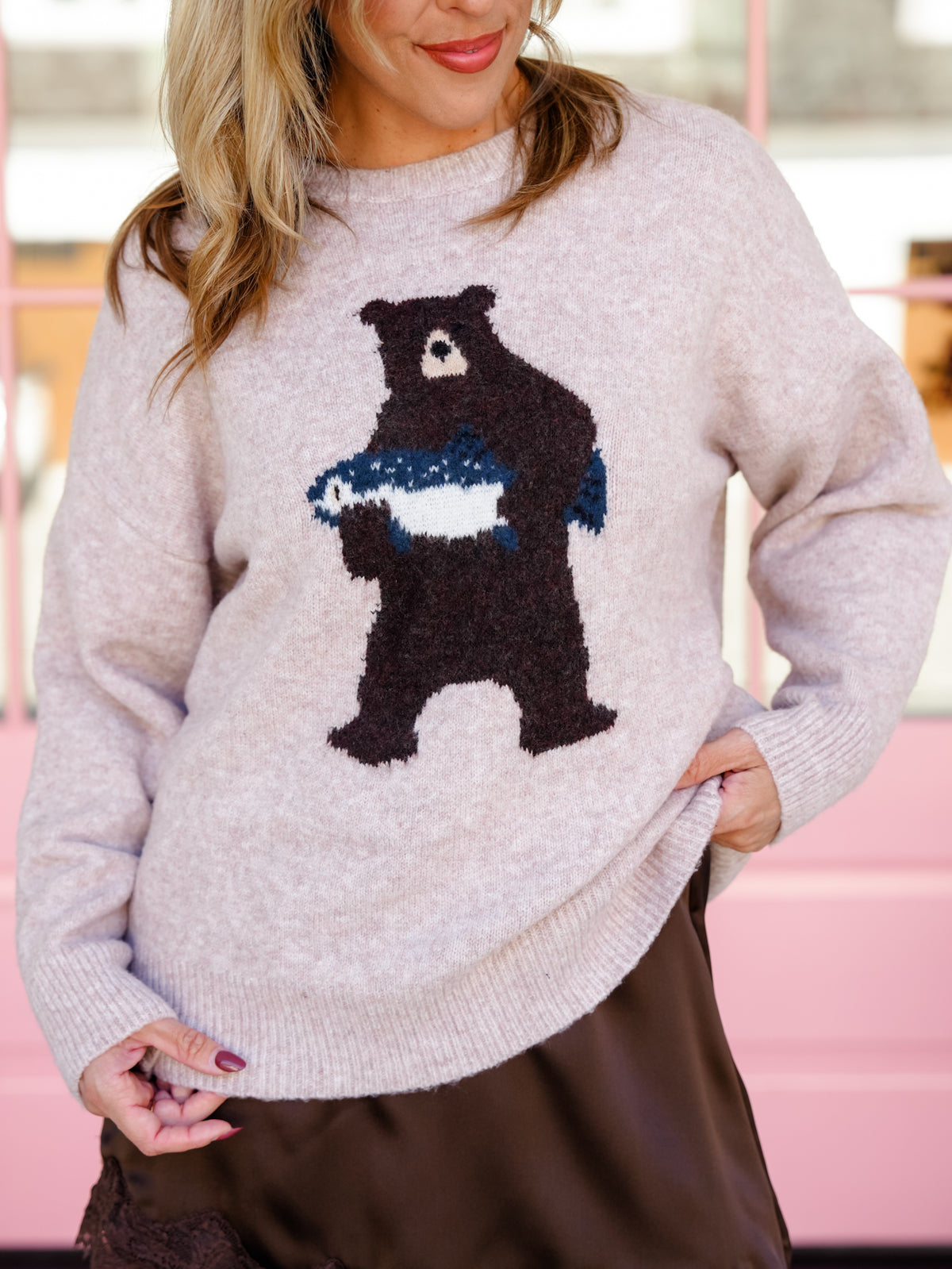 Taupe Long Sleeve Bear with Salmon Pullover Sweater