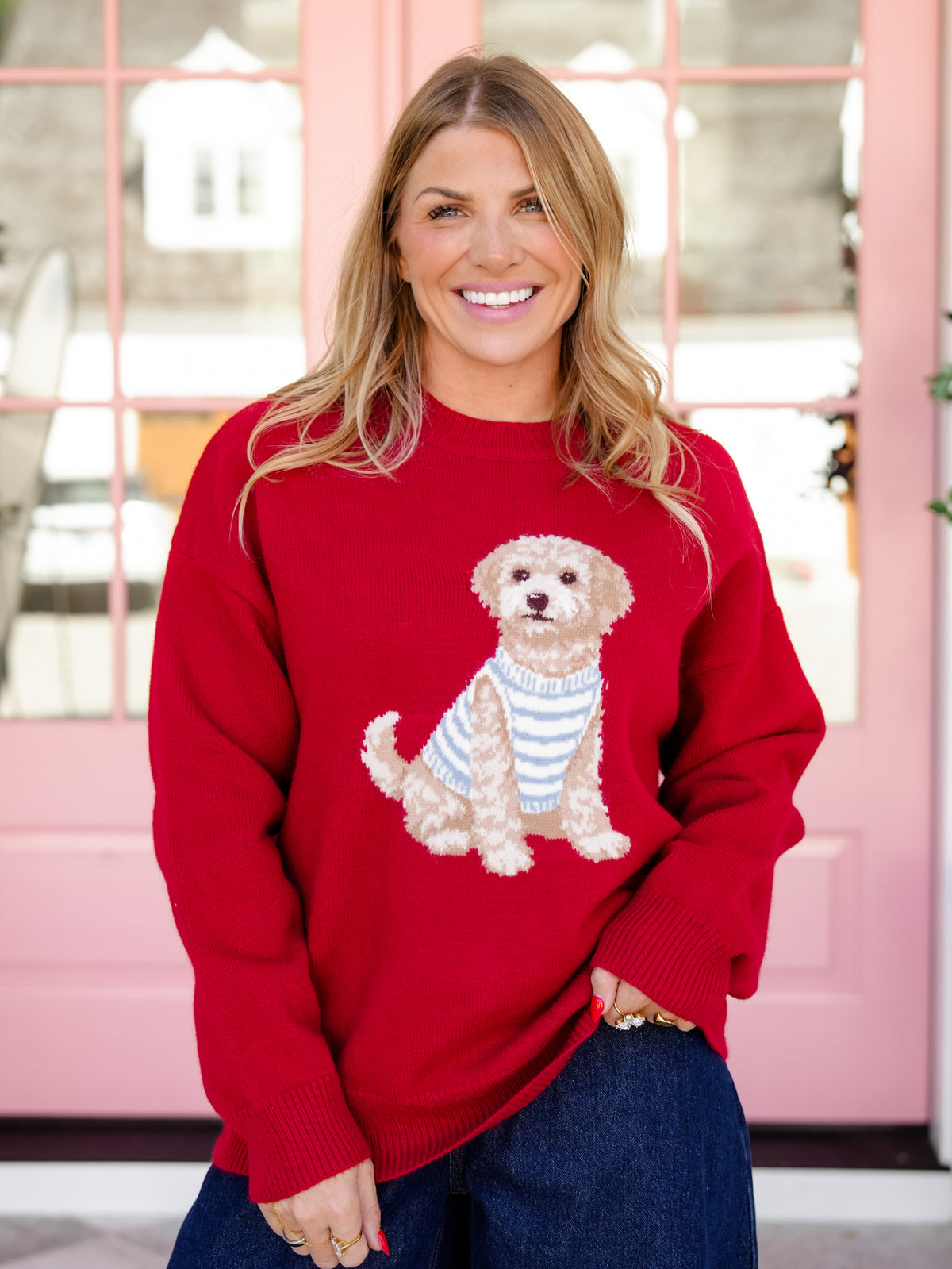Red Long Sleeve Golden Doodle Pullover Sweater
