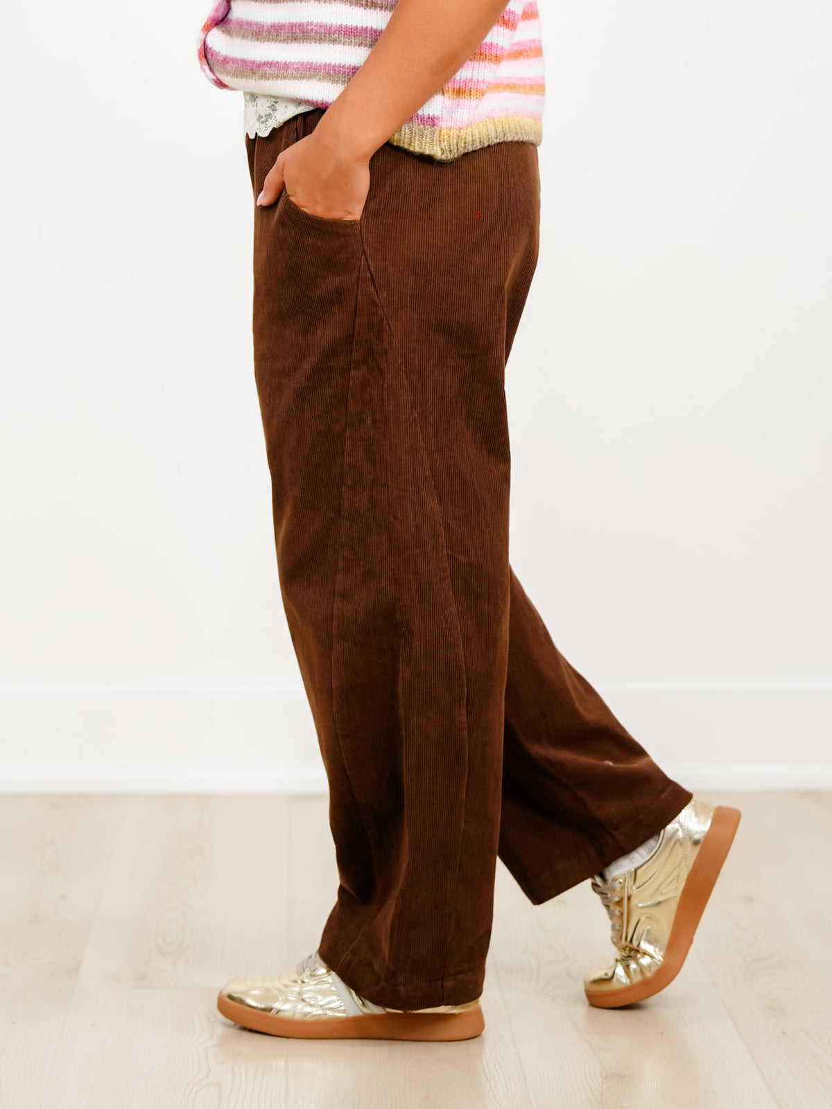 Corduroy Elastic High Waist Barrel Pants - Freckled Poppy