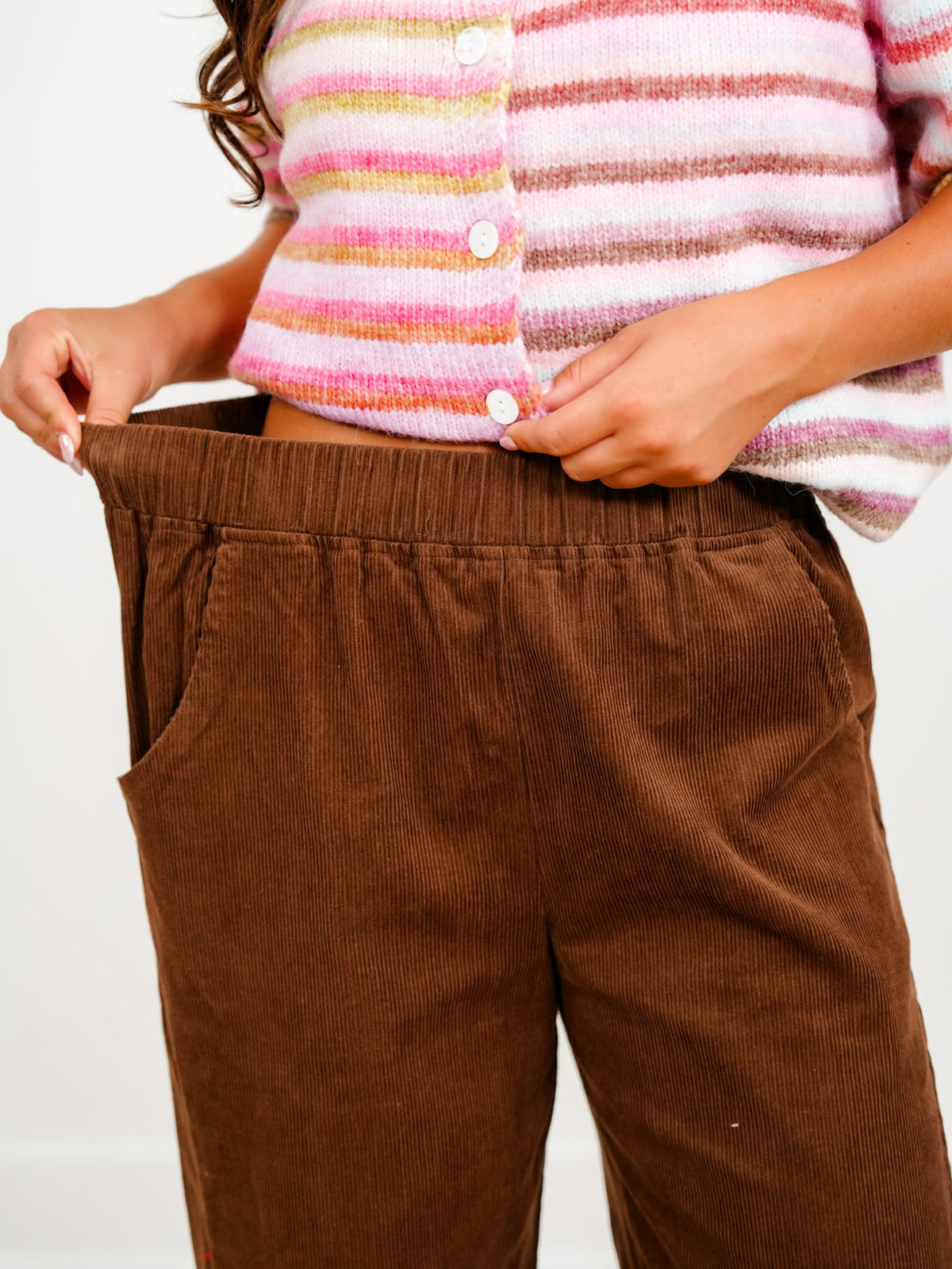 Corduroy Elastic High Waist Barrel Pants - Freckled Poppy