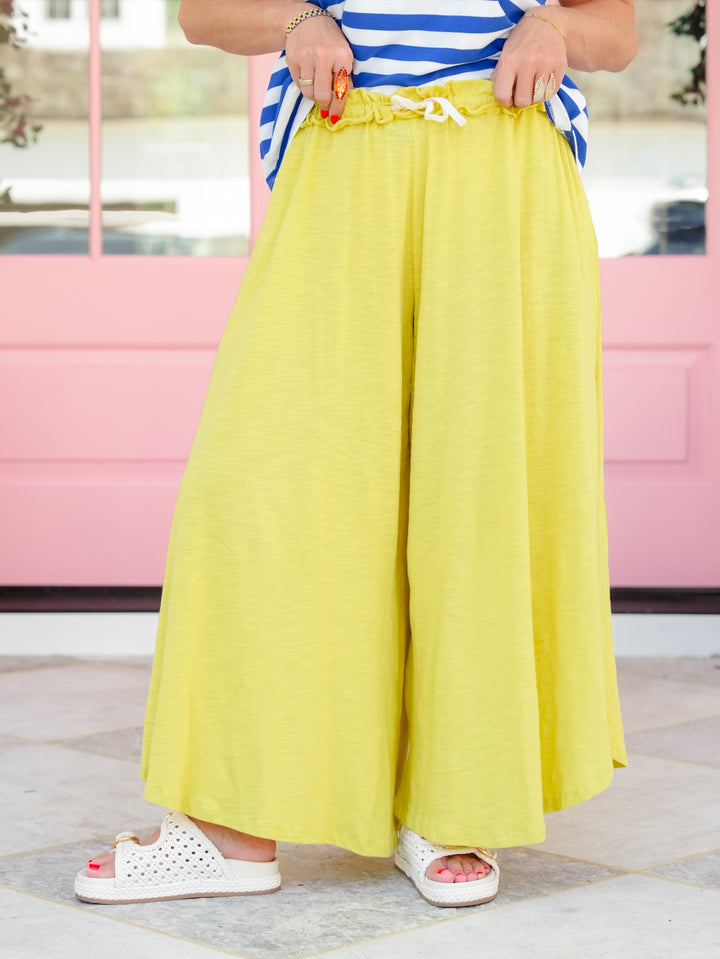 Paper Bag Elastic Waist Wide Leg Pants with Button Tab Hem - Freckled Poppy