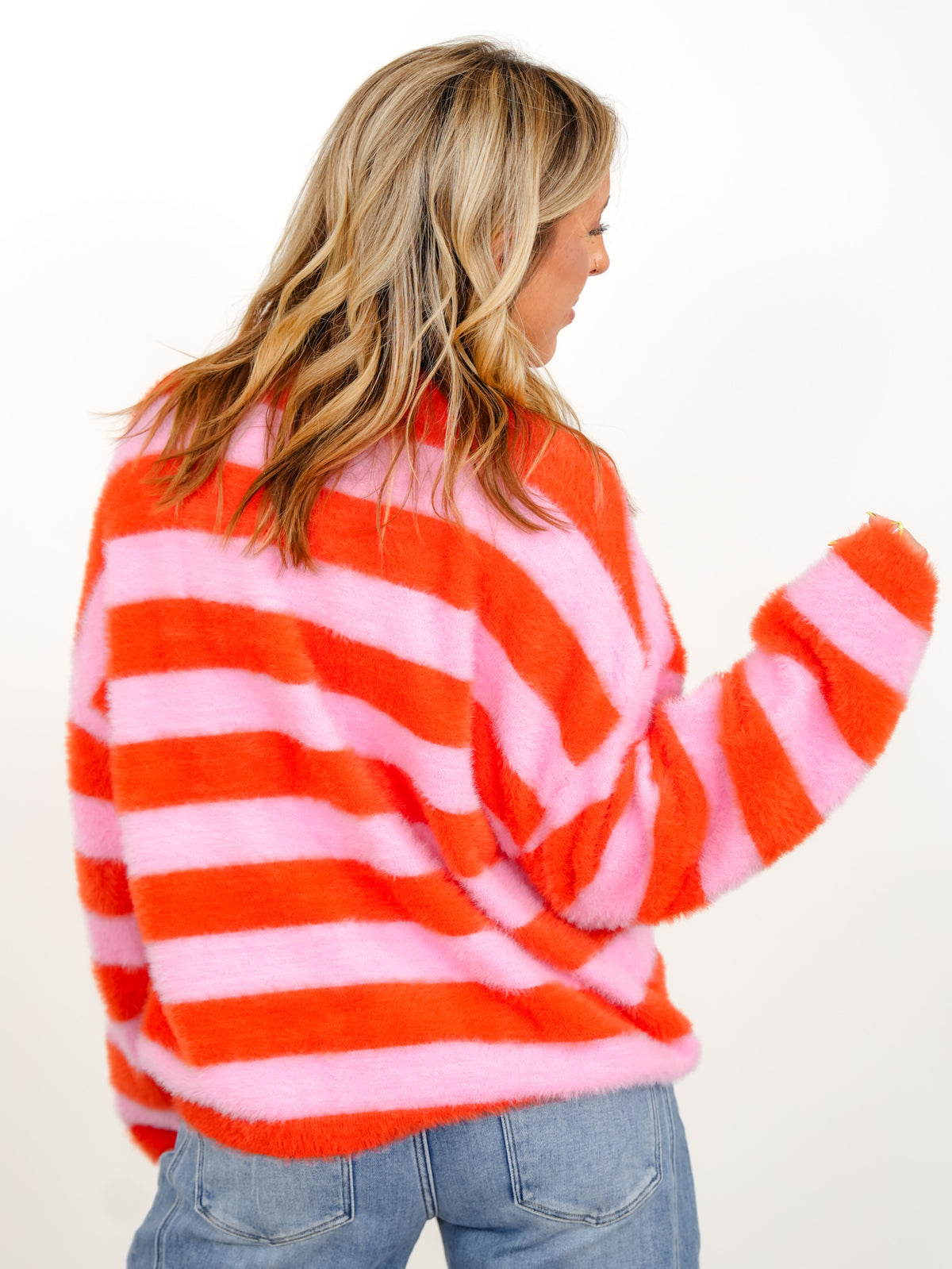 Fuzzy Stripe Long Sleeve Pullover Sweater - Freckled Poppy