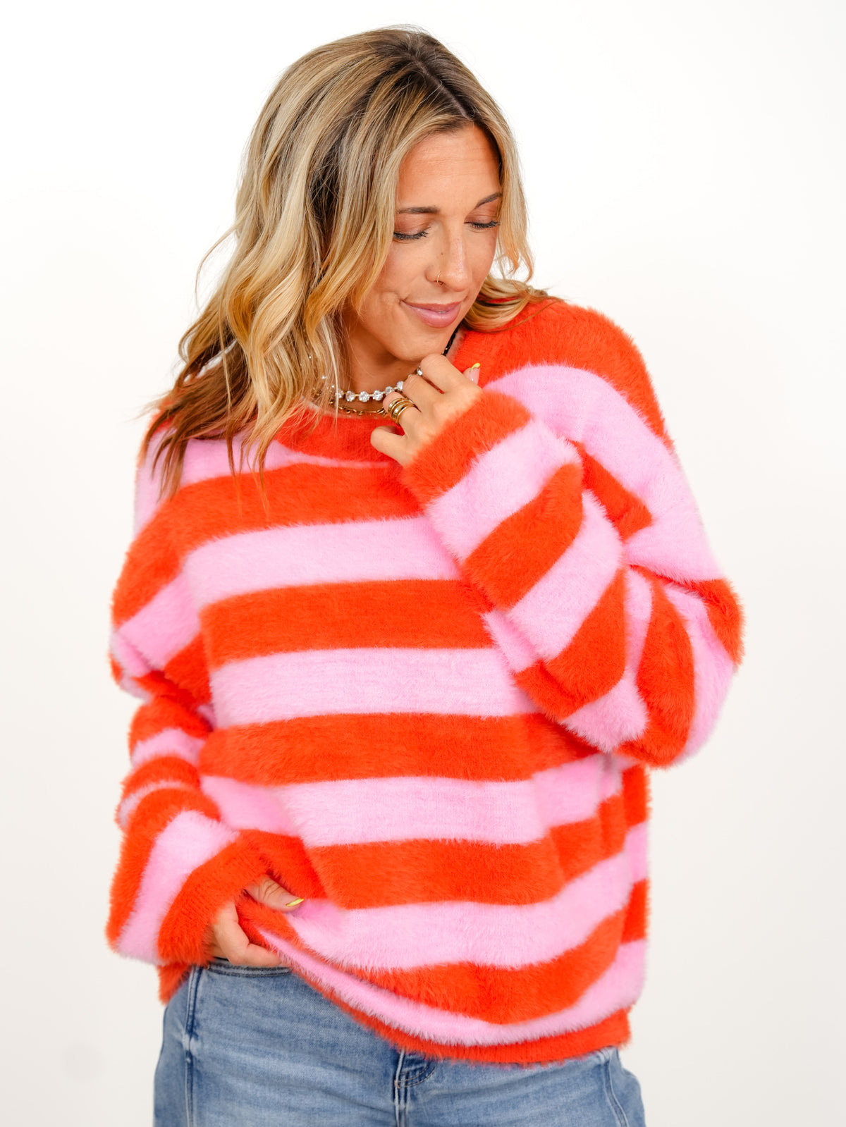 Fuzzy Stripe Long Sleeve Pullover Sweater - Freckled Poppy
