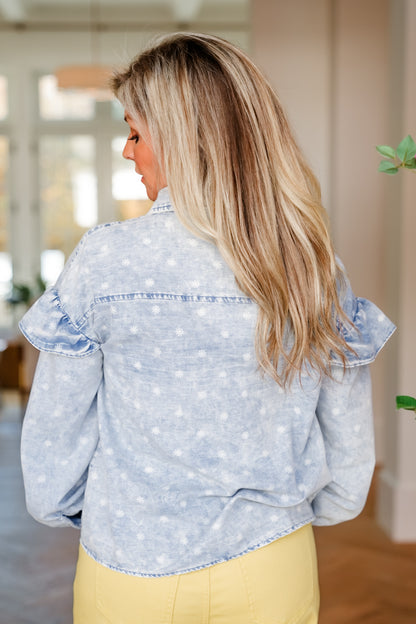 Plus/Reg Light Wash Floral Long Sleeve Button Down Top - Freckled Poppy