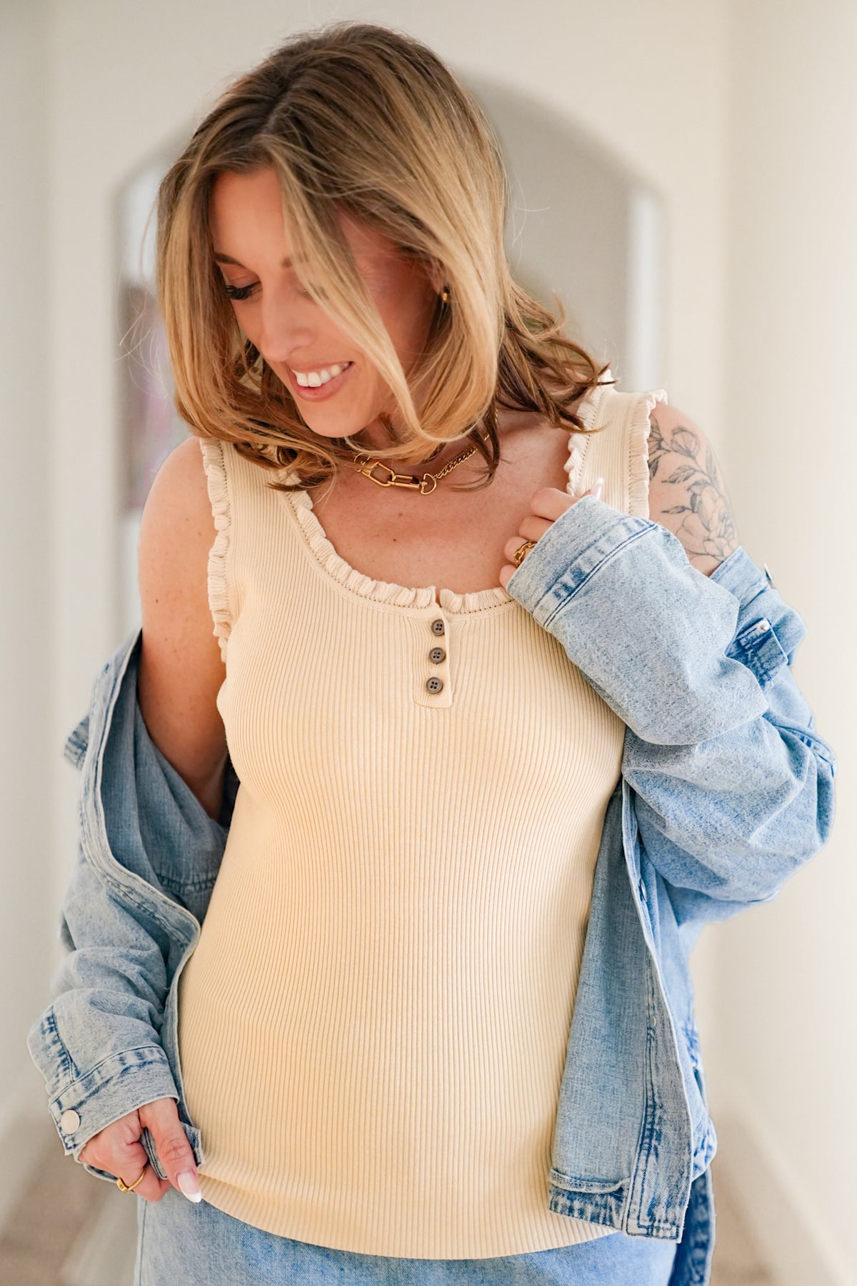 Ribbed Sleeveless Tank Top with Front Buttons - Freckled Poppy