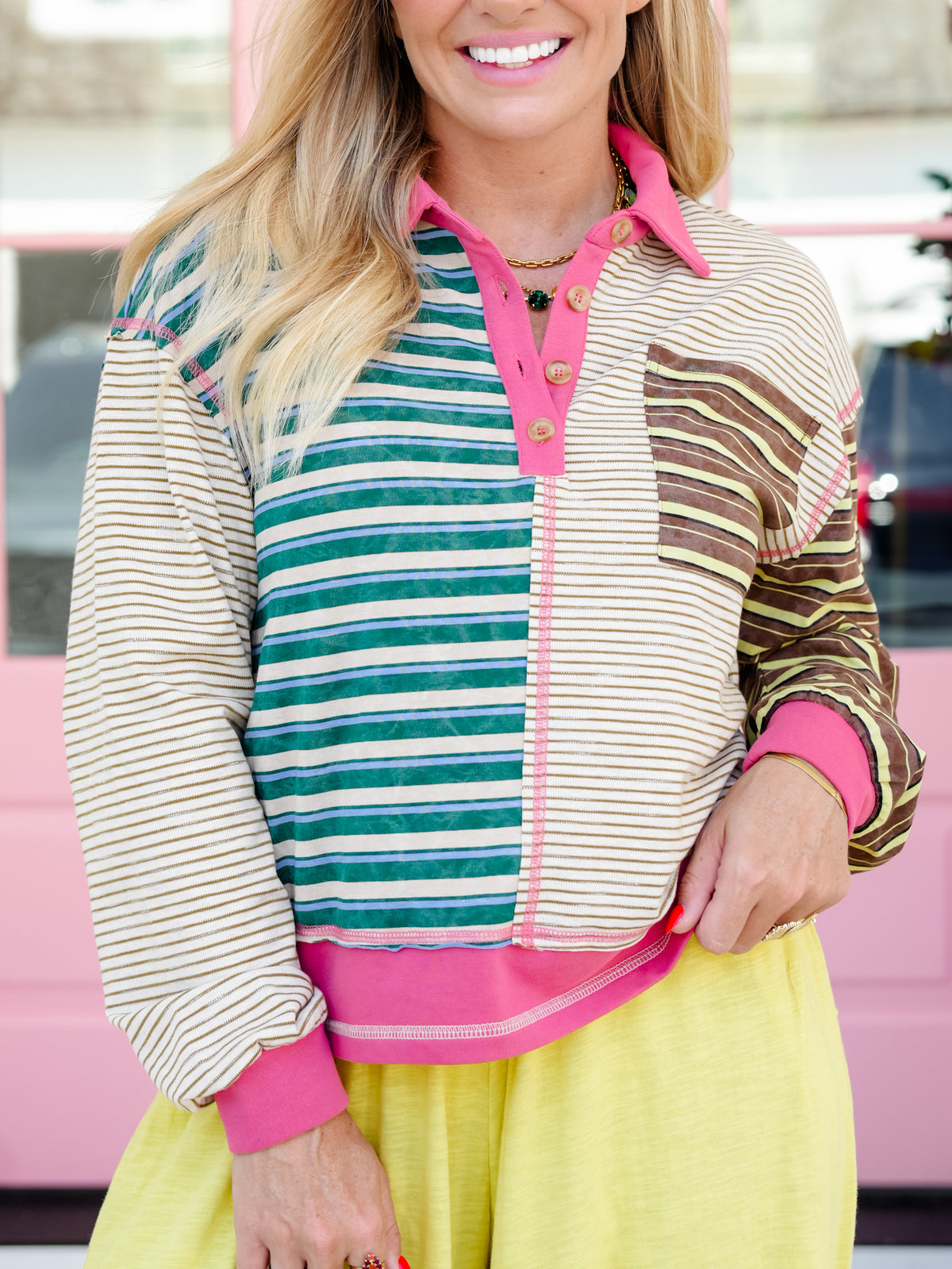 Color Block Stripe Long Sleeve Button Up Top - Freckled Poppy