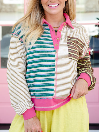 Color Block Stripe Long Sleeve Button Up Top - Freckled Poppy