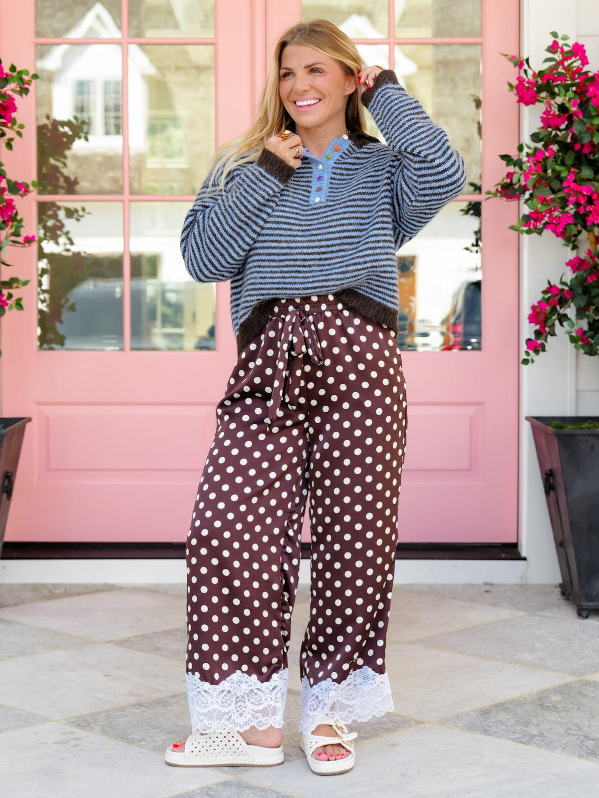 Plus/Reg Stripe Long Sleeve Button Up Collared Sweater
