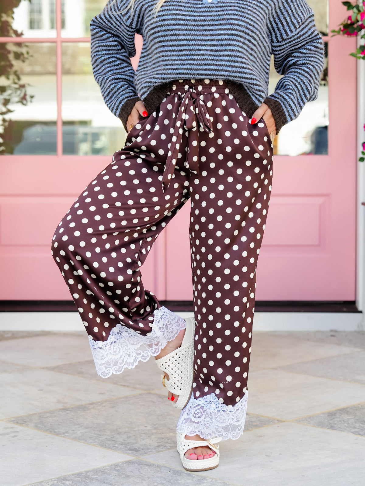 Plus/Reg Satin Polka Dot Elastic Waist Pants with Lace Hem