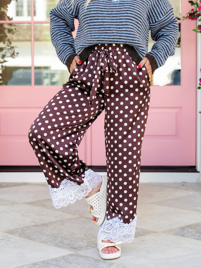 Plus/Reg Satin Polka Dot Elastic Waist Pants with Lace Hem