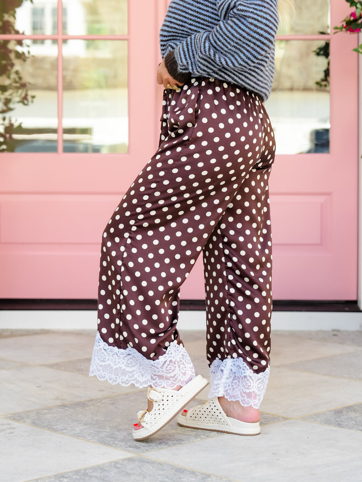Plus/Reg Satin Polka Dot Elastic Waist Pants with Lace Hem