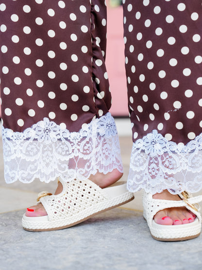 Plus/Reg Satin Polka Dot Elastic Waist Pants with Lace Hem