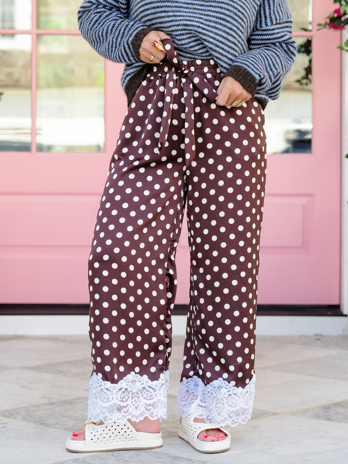 Plus/Reg Satin Polka Dot Elastic Waist Pants with Lace Hem