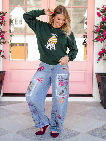 Green Long Sleeve Dalmatian Pullover Sweater