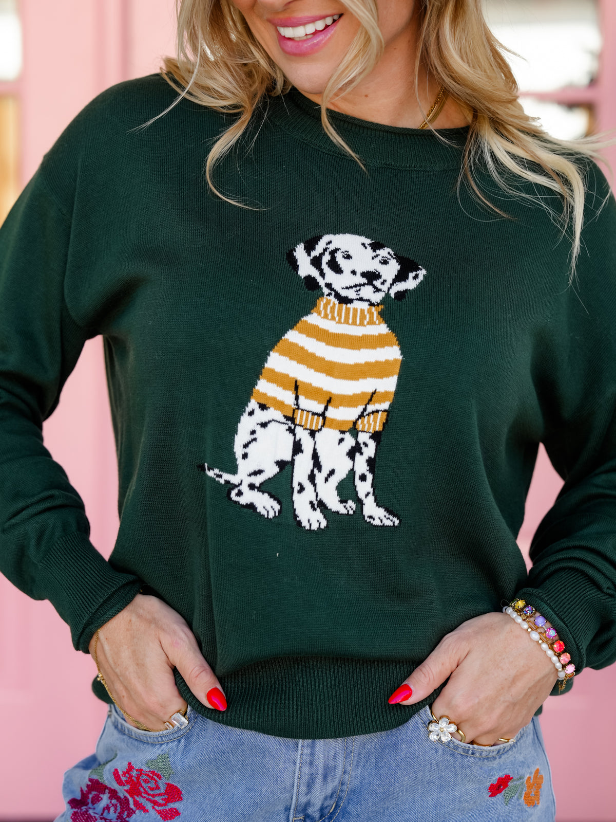 Green Long Sleeve Dalmatian Pullover Sweater